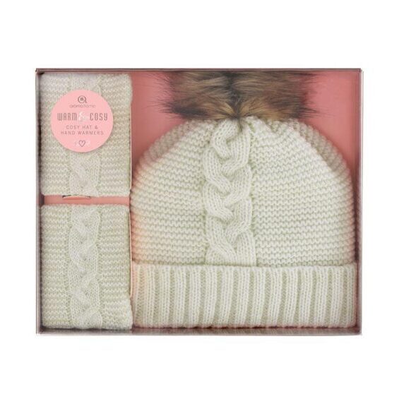 Knitted Hat with Hand Warmers, cream