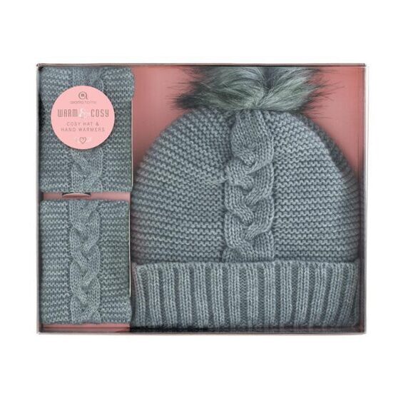 Knitted Hat with Hand Warmers, grau