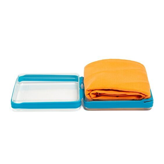 Soft microfibre cloth with container for sport and travel